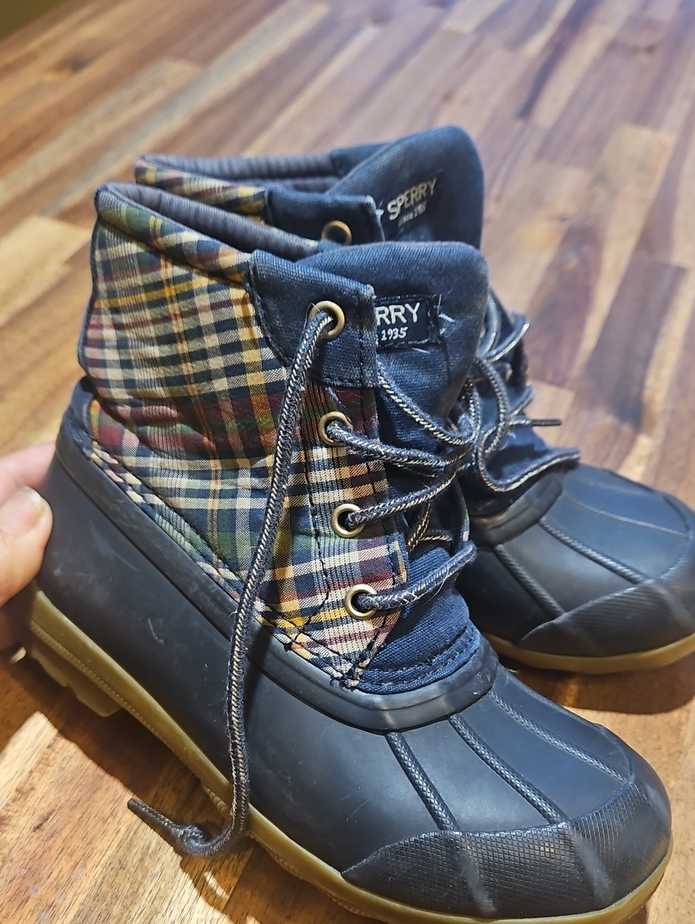 Sperry Navy Rubber Duck Boots with Plaid Fabric Shaft